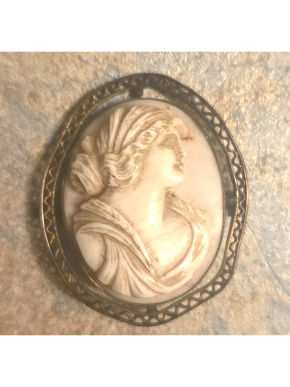 Antique Cameo Brooch Pin  Filigree Bent Frame As Is Grecian Hairstyle